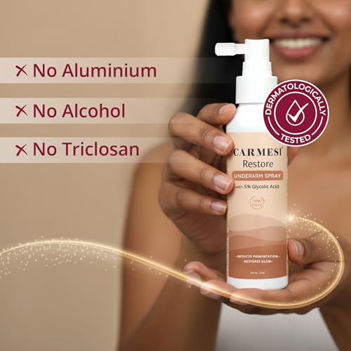 Image of Carmesi Restore Underarm Spray With 5% Glycolic Acid, 120 ml | Reduces Pigmentation & Restores Glow | 90% Natural | Dermatologically Tested | For All Skin Types | No Aluminium or Alcohol