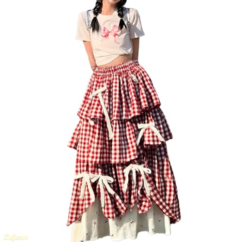 Y2k Vintage Plaid Patchwork Tiered Skirt 3D Satin Bow Layered Ruffles Lightweight Cotton Linen Blend Dressy Outfit for Women