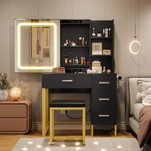 GarveeHome Vanity Desk with Mirror and Lights, Makeup Vanity Desk with Sliding LED Lighted Mirror, Power Outlet, Makeup Vanity Set with 4 Drawers, Storage Shelves, Cushioned Stool for Bedroom (Black)