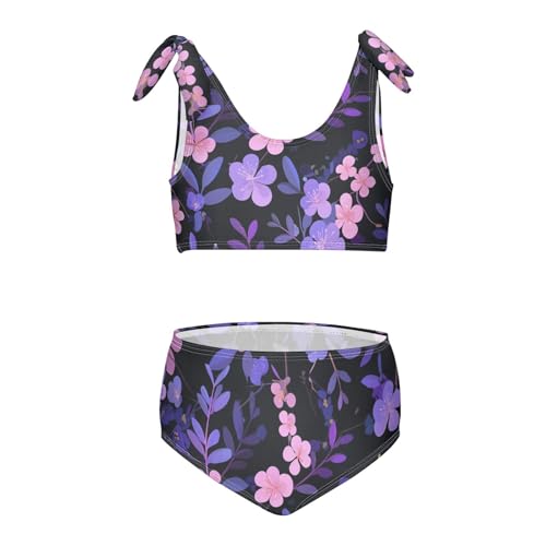 KLL Plum Flower Black Background Girls Two Piece Bikini Sets Quick-Dry Swimsuits Swimwear Adjustable Strap