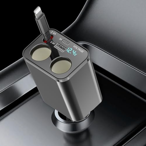 5 in 1 Retractable Car Charger, Fast Charging Cigarette Lighter Splitter with Cord 2.6ft, Dual USB Ports, 2 Sockets Cigarette Lighter Adapter for iPhone 14/13/12/11 Galaxy Pixel GPS Dash Cam