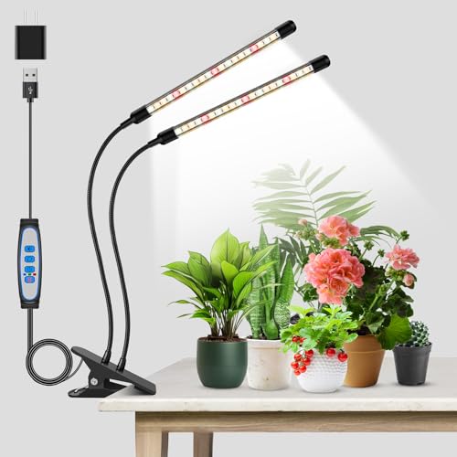 Garpsen Lampe de Culture pour Plantes d'Intérieur, 2 Têtes de Lampe de Culture LED à Spectre Complet, Lampe de Culture à 40 LED avec minuterie automatique (6/12/16H), 5 Niveaux de Gradation