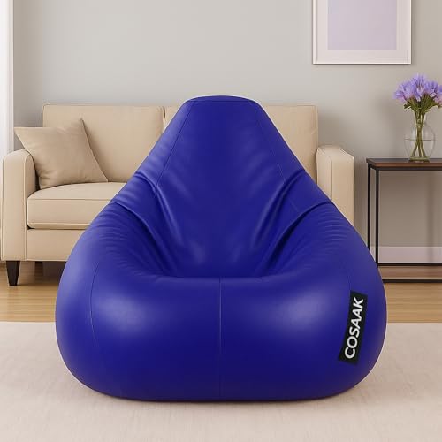 Image of Bean Bag Cover, Faux Leather, 66 x 86 x 112 cm, Indoor Gaming and Reading Chair (Blue, XXL, Solid)