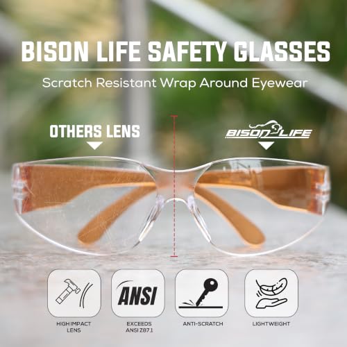 Image of BISON LIFE Clear Safety Glasses - ANSI Z87.1 Certified Scratch & Impact Resistant Eye Protection Goggles for Men & Women