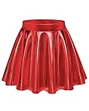 Auranso Girls Metallic Skater Skirt Sparkly Shiny Flared Pleated A-Line Mini Skort Red 10-11 Years