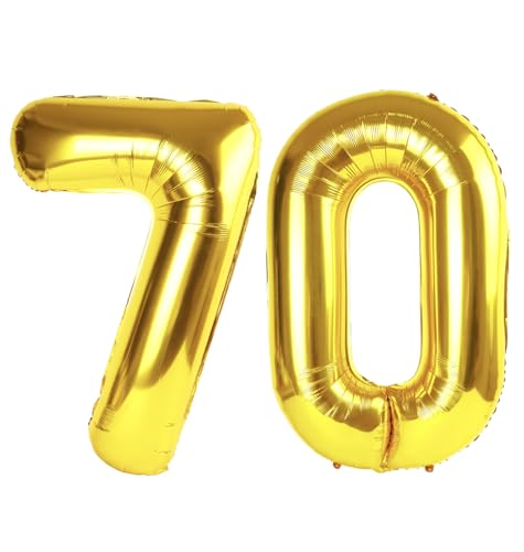 Image of Gold 70 Balloon - Number Balloon 40 Inch, 70th Gold Birthday Decorations | Giant foil helium inflatable 70th balloon numbers, Gold birthday party decorations for men & women, helium supported
