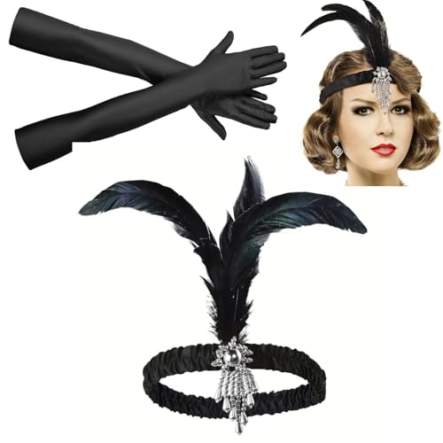 BOBOZHONG 1920s Acessórios, diadema de penas dos anos 20, luvas compridas pretas vintage, diadema de penas com contas fita anos 20 festa disfarce 1920s faixa preta