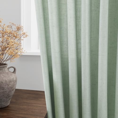 Image of Extra Long Aqua Green Linen Curtains 120 Inch for Living Room 2 Panels Set Rod Pocket Back Tab Light Filtering Semi Sheer Linen Window Drapes Privacy High Ceiling Drapes for Farmhouse 52x120
