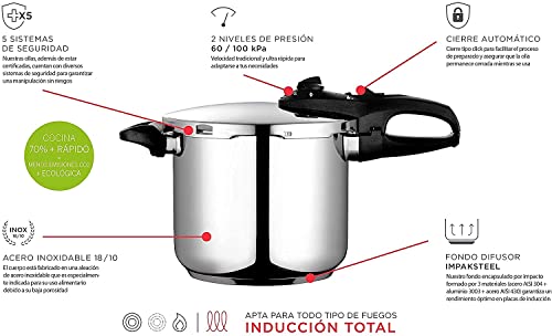 Fagor Duo Pentola a Pressione 7,5 Litri, Induzione, Express Super Rapida, Acciaio Inox. 18/10, Tipo Cucina, Fondo Termo Diffusore, 2 Livelli di Pressione, 5 Sistemi di Sicurezza, Include Chiusura
