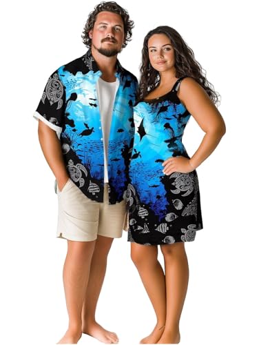 ROSE GAL Matchable Couples Marine Life Printed Hawaiian Men Shirt and Women Vintage Vintage Sleeveless Dress Midi Dress Matching Couple Outfits(Men/Black_1/M)