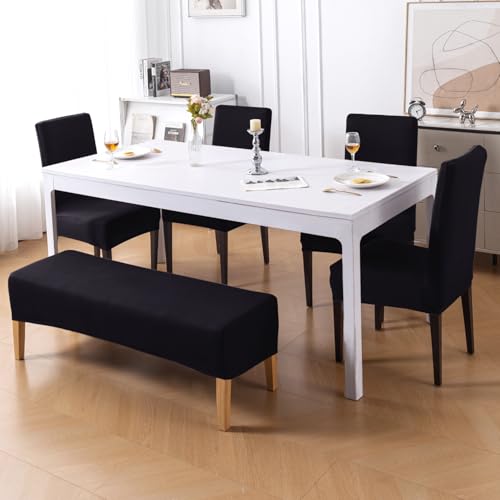 Image of HOKIPO 'SereneSolids' 140 GSM Dining Chair Cover Set of 4 with 1 Bench Cover, Black (AR-6282-BLK)