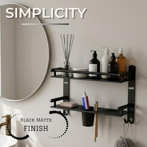 Image of GLOXY Premium Combo Pack of 2 Black Matte Finish Bathroom Shelf Rack - Wall Mount 4-in-1 Multipurpose Double Soap Stand with Toothpaste Holder and Hooks - Bathroom Fittings Accessories Set