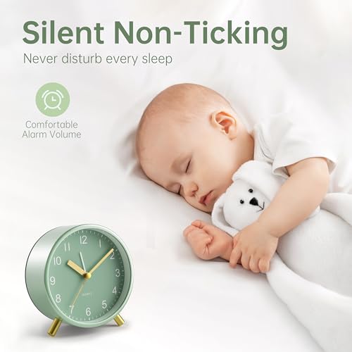 Image of JALL Analog Alarm Clock, 4 inch Super Silent Non Ticking Small Clock with Night Light, Battery Operated, Simple Design, Easy Setting for Office, Bedroom, Bedside, Desk, Teens, Elders, Adult, Green