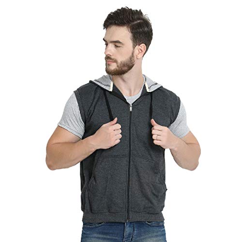 Image of Teemoods Men's Cotton Fleece Sleeveless Hooded Jacket - Casual Zip Up Vest for Gym Workout, Running, Aerobics, Yoga - Regular Fit with 2 Pockets