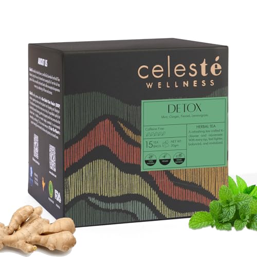 Image of Celeste Detox, Ginger Mint Tea with Lemongrass & Fennel | 15 Pyramid Herbal Tea Bags | 100% Natural Ingredients