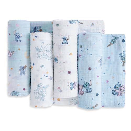 Image of aden + anais Essentials Muslin Swaddle Blankets, Newborn Receiving Blanket for Swaddling, 100% Cotton Baby Swaddle Wrap, 4 Pack, Lilo & Stitch