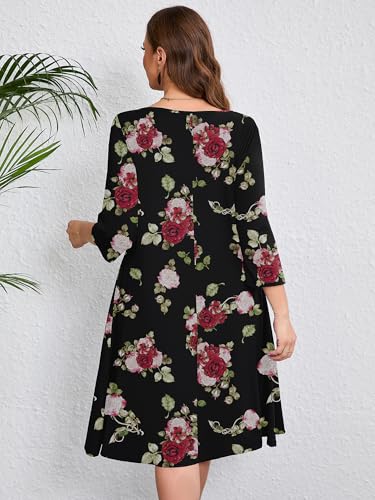 Image of AusLook Women's Plus Midi Dresses Crew Neck A Line 3 /4 Sleeves Casual Elegant Loose Wedding Vacation Dress with Pockets