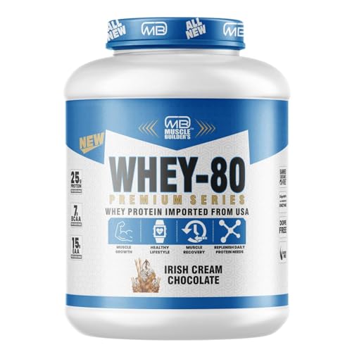 Image of M B Muscle Builder's Whey Protein Powder with added digestive enzymes | Sports & Protein Supplements | Protein 24g & BCAA 6g per serving - 4.4 lb, Irish Cream Chocolate Flavour