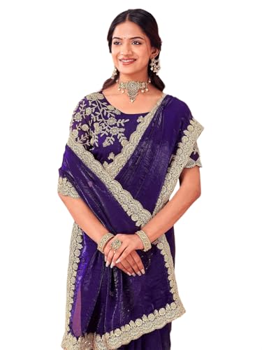 Image of SIRIL Women's Tissue Silk Sequins Embroidery Saree with Unstitched Blouse Piece