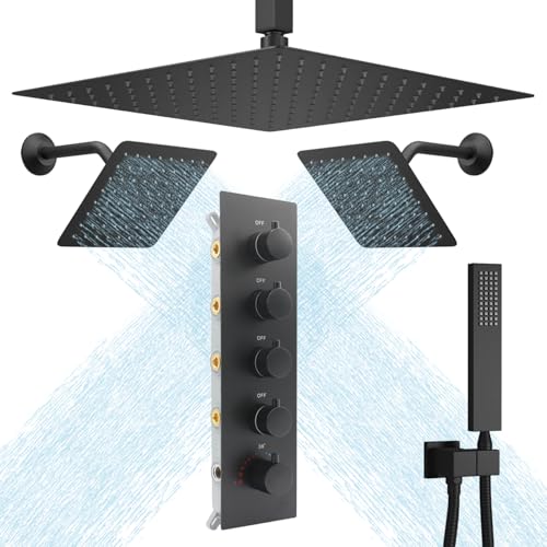 Sistema de ducha termostático negro con tres cabezales, incluyendo cabezal de lluvia de 16" montado en techo y 2 cabezales de pared de 6" con 4 funciones, sistema de ducha de cuerpo completo que puede funcionar simultáneamente miniatura 1