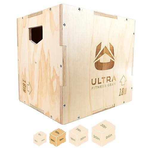 Ultra Fitness Gear Wooden Plyo Box, 31 Plyometric Jump Training Squat, Step Up, Jumps & More Workout Size S, M, L, XL, Home Gym Exercise Equipment (Natural Wood, Medium 20/18/16)