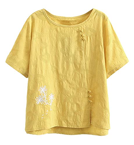 SCOFEEL Women's Cotton Linen Blouse Shirts Short Sleeve Jacquard Print Top T-Shirt with Chinese Style Buttons Plus Size Yellow