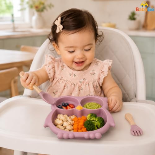Image of BabyGo Silicone Suction Plate for Babies & Toddlers | 3-Section Owl-Shaped Feeding Set | Strong Suction Cups | BPA-Free, Microwave Safe | Self-Feeding| 1 Plate & 2 Spoons | Pink