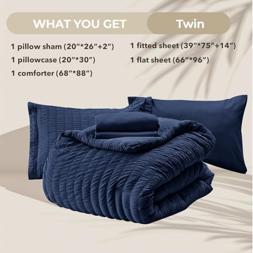 Image of HYMOKEGE Navy Blue Twin Comforter Set Seersucker 5 Pieces, All Season Luxury Bed in a Bag for Bedroom, Bedding Set with Comforters, Sheets, Pillowcase & Sham