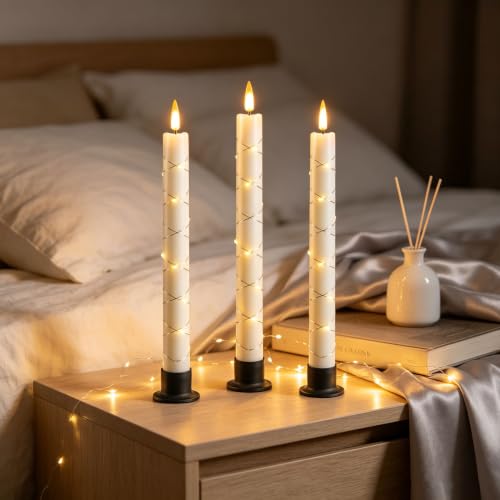 Image of Da by 3 Pack Ivory Heat Resistant Flameless Taper Candles, Cross Surrounding Fairy String Lights, Realistic Dynamic Flame LED Candles with Remote Control for Indoor Outdoor Decor