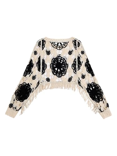 Verdusa Women's Hollow Out Colorblock Cropped Sweater Y2k Vacation Fringe Pullover Knit Tops2