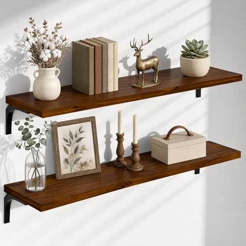 Image of 12 Inch Deep Floating Shelves Set of 2, 48 Inch Extra Wide Vintage Walnut Solid Pine Wood Wall Shelves, 4ft Heavy Duty Wall Mounted Bookshelf with 100 lbs Capacity for Kitchen & Living Room