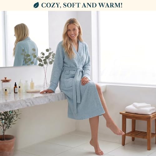 Image of PAVILIA Premium Plush Robe for Women, Soft Cozy Fuzzy Bathrobe with Pockets, Warm Mid-Length Lounge Robe with Tie Belt