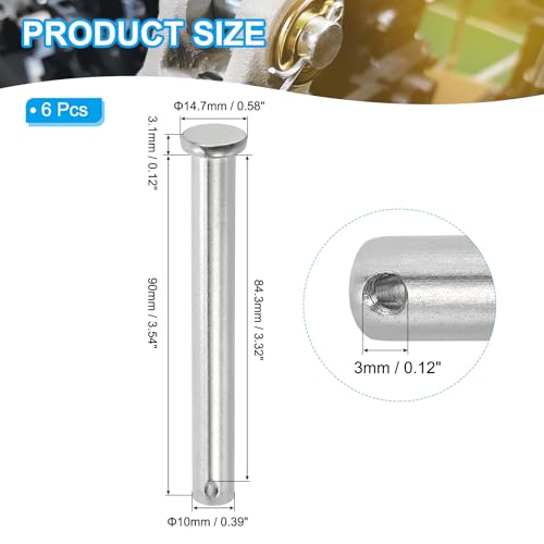 PATIKIL 10 x 90 mm Einzel Loch Clevis Pins, 6 Stück 304 Edelstahl Flachkopf Pin für Hitch Pin Lock Link Scharnier Systeme, Silber