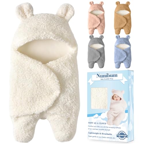 Nunibum Baby Swaddle Blanket Boys Girls Cute Bear Plush Essential Receiving Blanket Ultra-Soft Newborn Registry Sleeping Wraps for Infant 0-6 Months - White