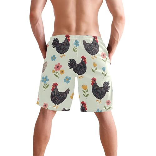 Men's Swim Trunks Quick Dry Swimming Shorts with Pocket Chicken Flowers on Light Swimsuit Trunks2