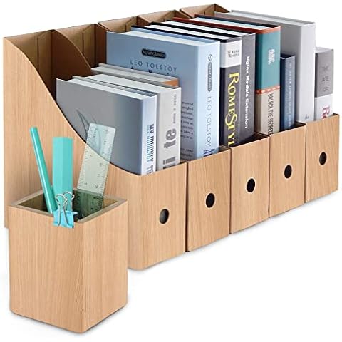 File Magazine Holder - 5 PCS Cardboard Magazine Rack Document Storage File Divider Desktop Organizer with Pen Holder for School Dormitory Office Home Files Storage Cover