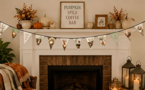 Image of Pumpkin Spice Coffee Bar Fall Banner, 12 Triangle Burlap Look Pennant Garland, Cozy Autumn Coffee Station Decor, Farmhouse Kitchen, Cafe, Thanksgiving Home Decorations, 13 ft