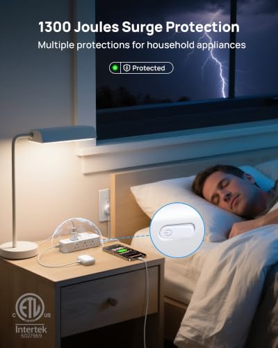 TROND regleta eléctrica con enchufe plano giratorio 360° 10 pies con USB PD 20W, 9 tomas AC, blanca | Protector de sobretensión con cable plano 1300J, 1625W, montable en pared, para hogar, oficina, viaje y hábitos esenciales en dormitorio miniatura 5