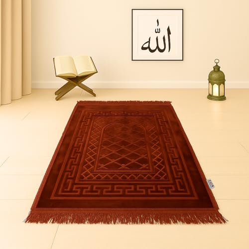 Image of Modern Premium Janamaz Prayer Mat Musalla Soft Velvet Mat For Salah Musallah And Namaz, 20 Cm, 10, Brown, Rectangular