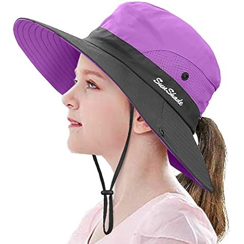 LCZTN Kids Ponytail Sun Hat Wide Brim UV Protection for Girls Cover