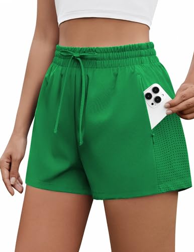PINSPARK Womens Athletic Shorts High Waisted Running Shorts 2 in 1 Drawstring Quick Dry Gym Shorts with Zipper Pockets