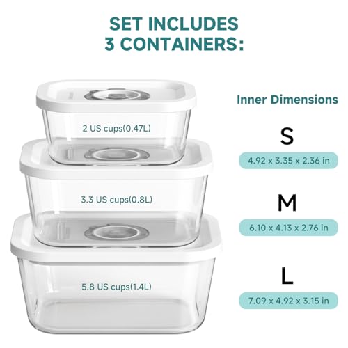 Image of Mehomeli Glass Vacuum Seal Containers for Food Storage, 3pcs set [1x Small, 1x Medium, 1x Large],Works with Handheld Vacuum Sealer for Freezer, Liquid & Delicate Foods,BPA-Free, with Date Tracking Lid