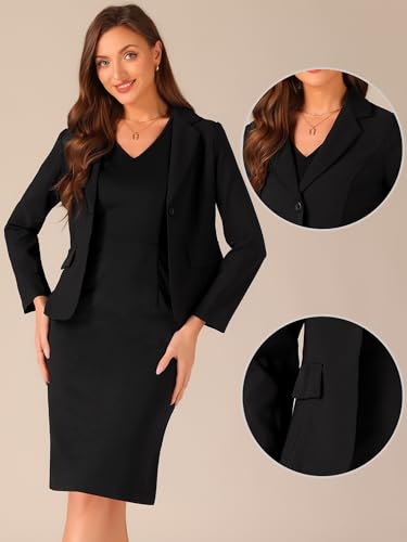 Allegra K Business Dress Suit Sets for Women's 2 Piece Outfit Work Office Notched Lapel Jacket Blazer Solid V Neck Dress2