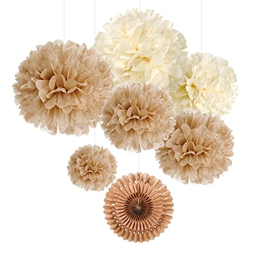SUNBEAUTY Pompom Papier de Soie 7pcs Decoration Salle de Mariage Boho, Brun, Deco Mariage Champetre Éventail en Papier Suspension pour Anniversaire Chambre Maison Deco