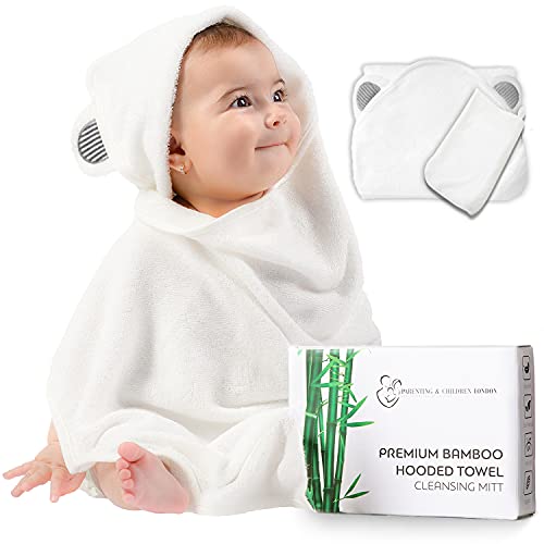 Image of Ultra Soft Bamboo Baby Towels for Newborn - Super Absorbent Organic Baby Hooded Towel for Girls and Boys - Baby Bath Towel with Single Organic Mitt Set for Toddlers, Infants, Kids (Grey)