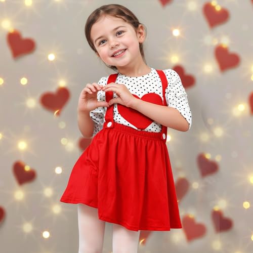 Image of Girls Valentine's Day Dress Outfit, Long Sleeve Dot Heart Shirt Top and Red Suspender Strap Skirts Set (Red, M)
