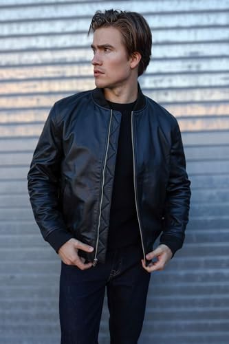 Mens Bomber Black Leather Jacket - Full Grain Premium Cow Hide Leather4