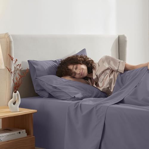 Image of Nestl Split King Bed Sheet Set - Grayish Purple - 5-Piece Deep Pocket | Instantly Soft, Night-One Ready (No Wash Required). Fits 16-Inch Deep Pockets, 360-Degree Elastic Grip