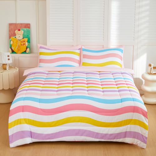 Image of Twin Bedding Set for Girls 5 Piece Pink Macaron Wavy Comforter Set for Girls Super Soft Microfiber Bed Set Bed in a Bag with Comforter Sheets Pillowcase & Sham (5 Piece Twin Size)