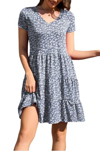 Image of nclook Womens Summer Casual Dress Sweet Cute V Neck Mini Dress with Pocket Short Sleeve